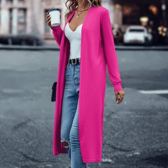 . Sweaters - Hot Pink Casual Womens Solid Open Front Cardigan